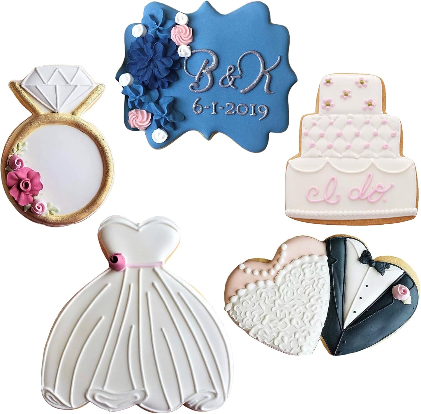 Ann Clark Cookie Cutters Wedding Cookie Cutters 5-Pc Set Made in the USA, Square Plaque, Wedding Cake, Wedding Dress, Diamond Ring, Double Heart