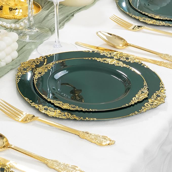 125PCS Green and Gold Plastic Plates - Fancy Green Disposable Plates - Vintage Plate with Gold Plastic Silverware Set for 25 Guests for Party Wedding Holiday