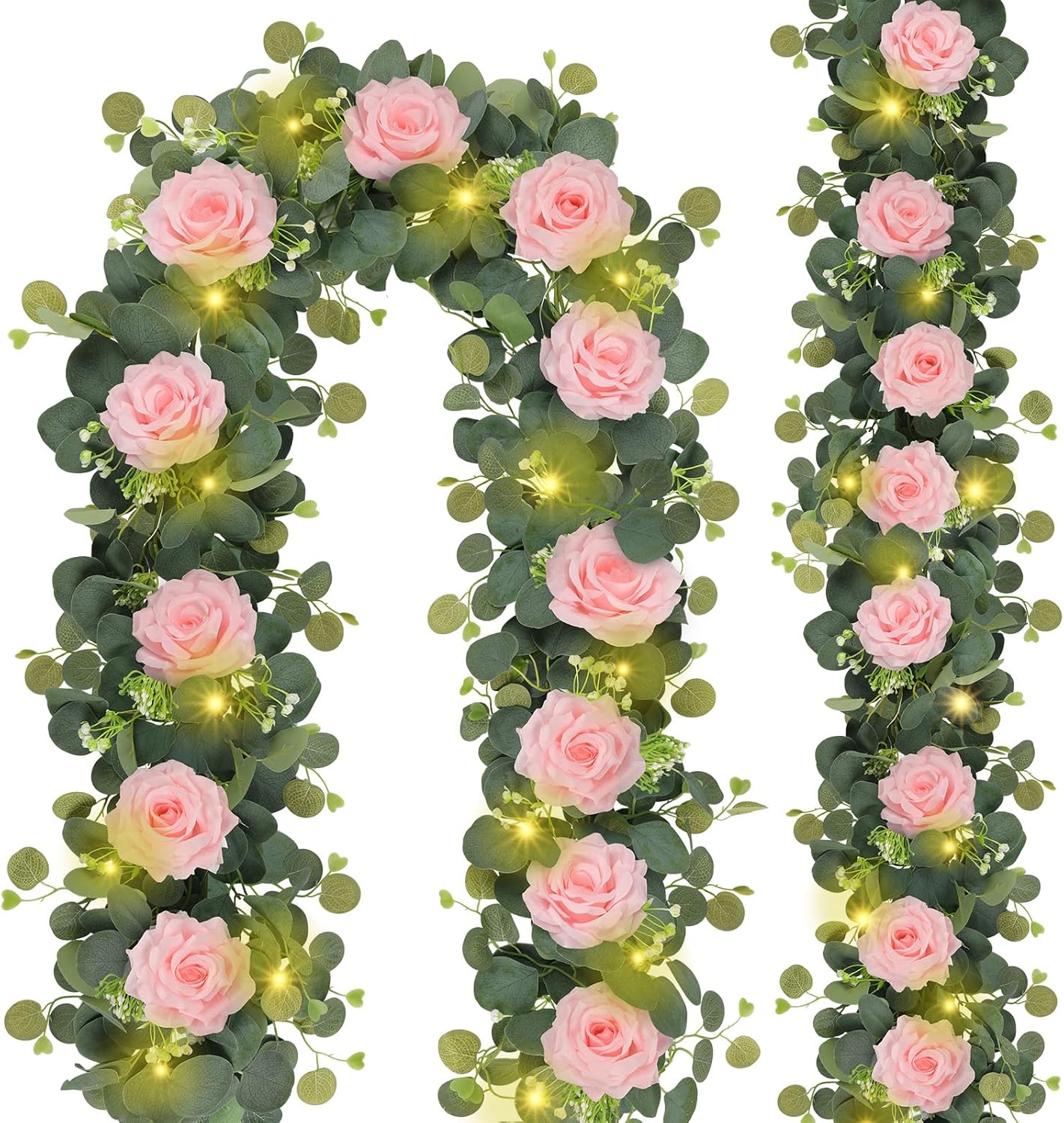 MACTING 2 Pack 13.2FT Eucalyptus Garland with Lights - Spring Gypsophila Flower Garlands with 24 Pink Roses Artificial Floral Greenery Vines for Arch Table Centerpieces Backdrop Party Wedding Decor