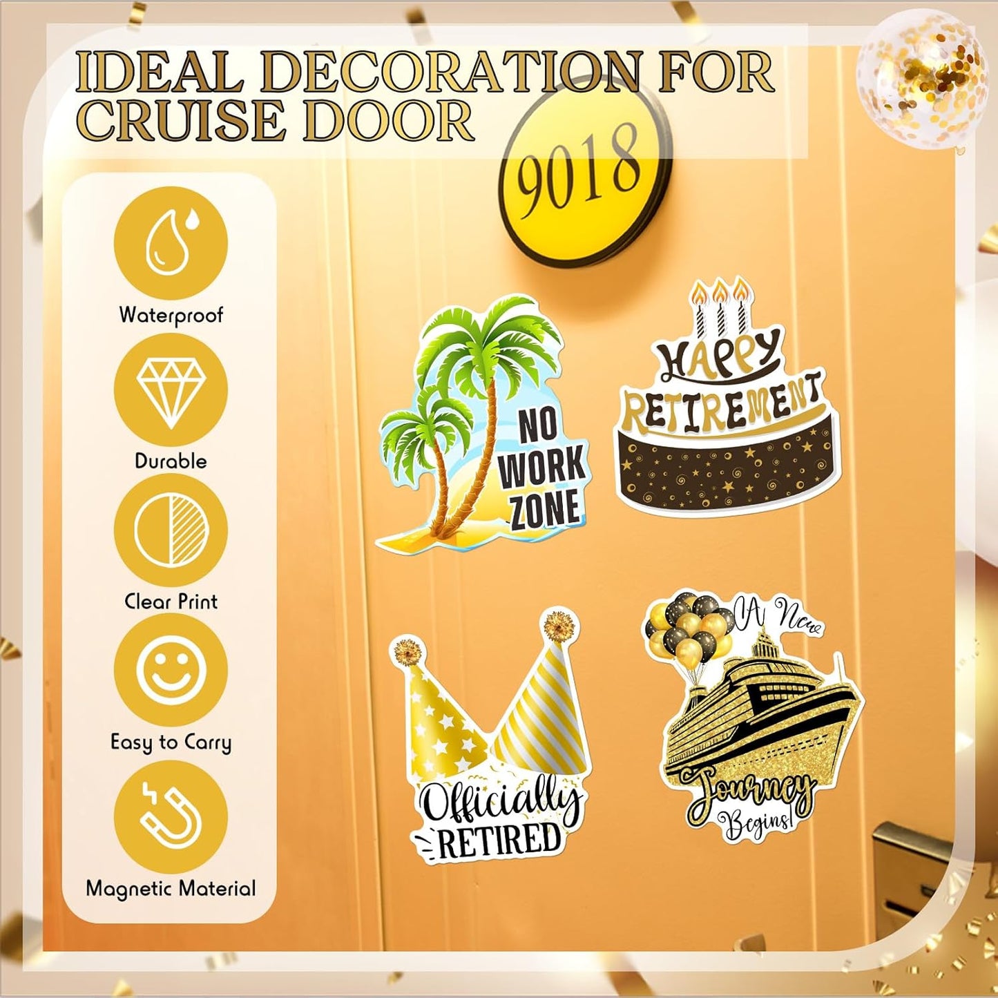 Hoteam 4 Pcs Retirement Cruise Door Decorations Magnetic Large Happy Retirement Cruise Ship Door Magnets Funny Waterproof Nautical Magnets for Carnival Cabin Stateroom Fridge Car