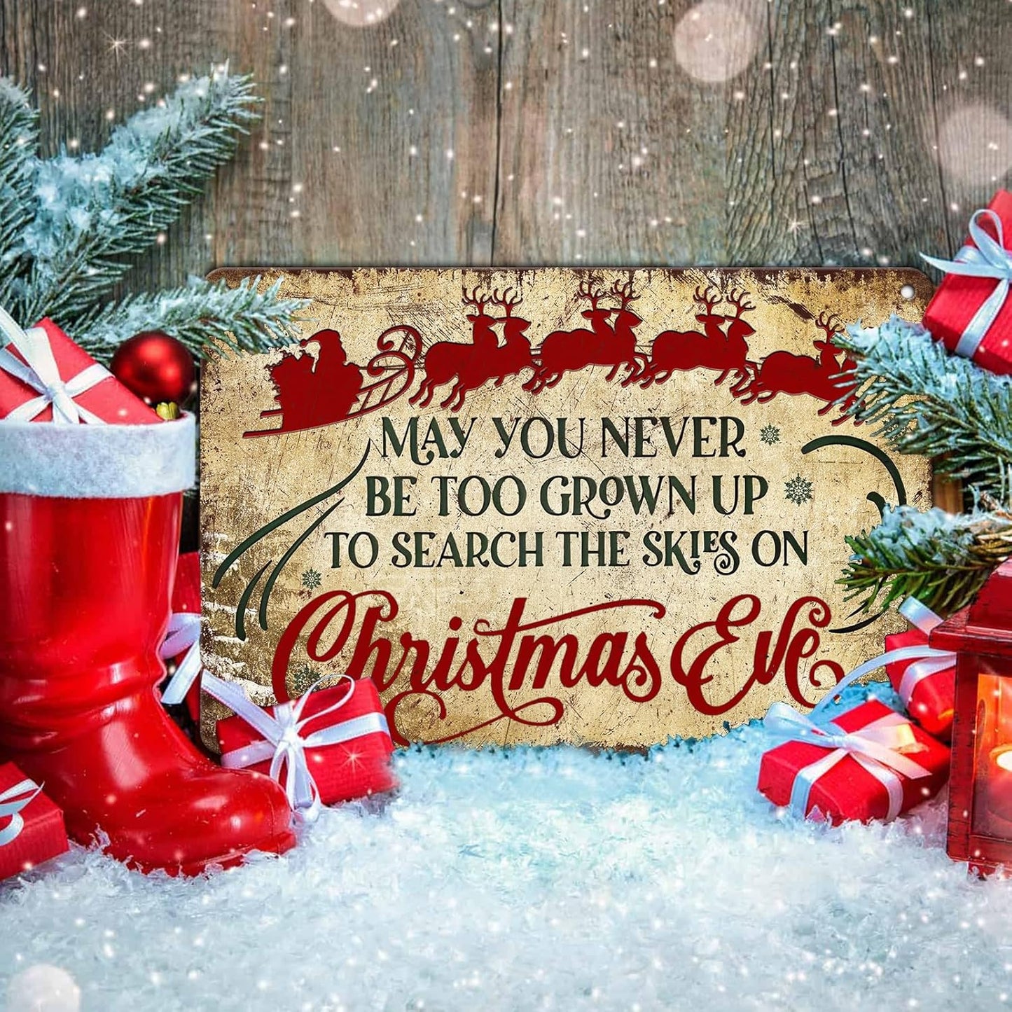 Christmas Sign Wall Art Vintage May You Never to Too Grown Up to Search The Skies Christmas Eve 12x16 Inch Rustic Metal Sign for Spacious Wall Decor and Holiday Display