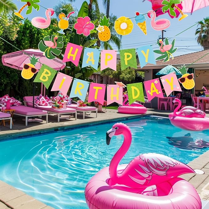 SUNBEAUTY Hawaiian Happy Birthday Banner Tropical Luau Party Birthday Flamingo Pineapple Palm Leaf Banner for Summer Birthday Party Decorations Supplies | Pre-Strung