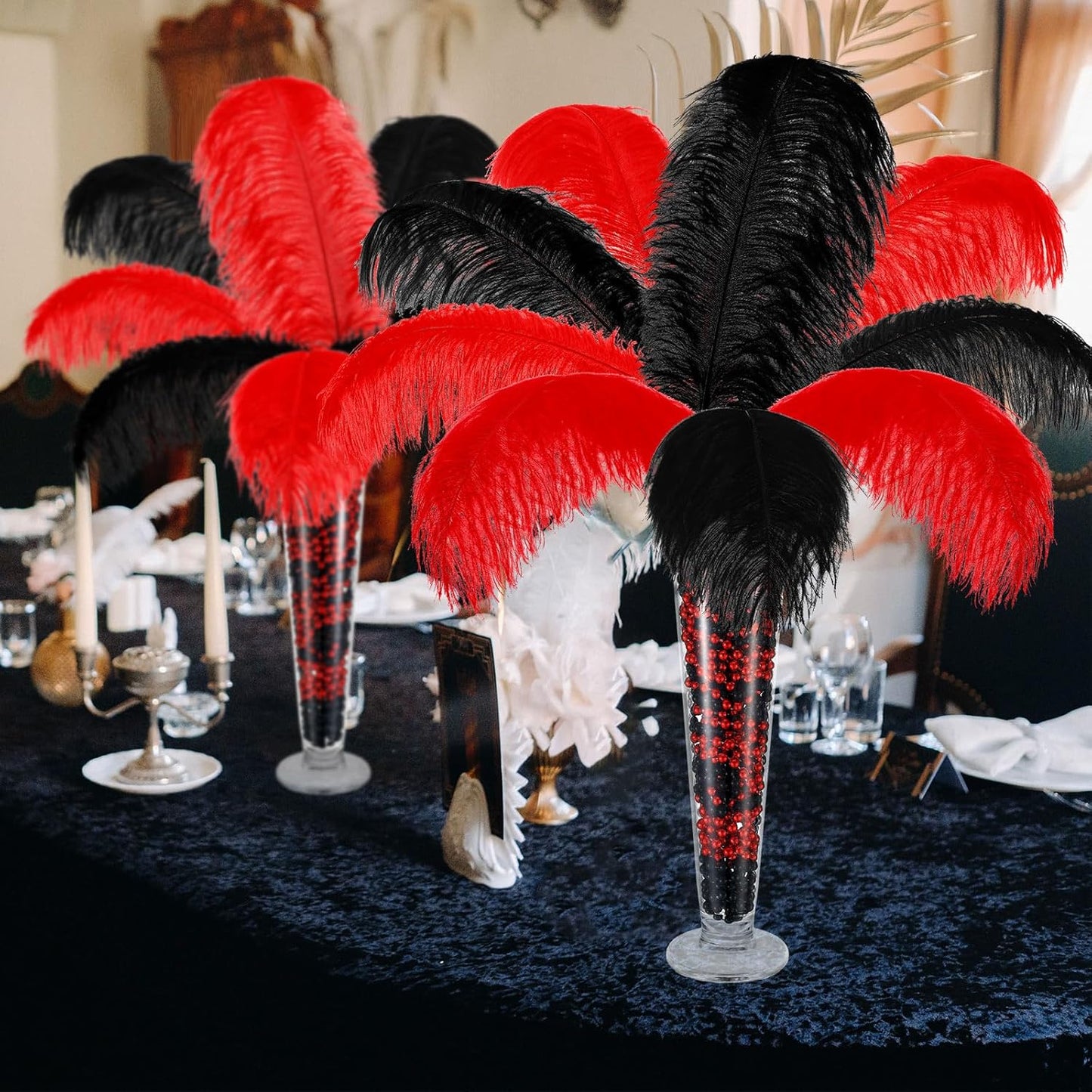 6 Sets Wedding Table Centerpiece Accessories Including 159 Pieces Natural Ostrich Feather Bulk Plastic Vases and Beads Necklaces for Wedding Home Party Centerpiece Supplies(Black, Red)