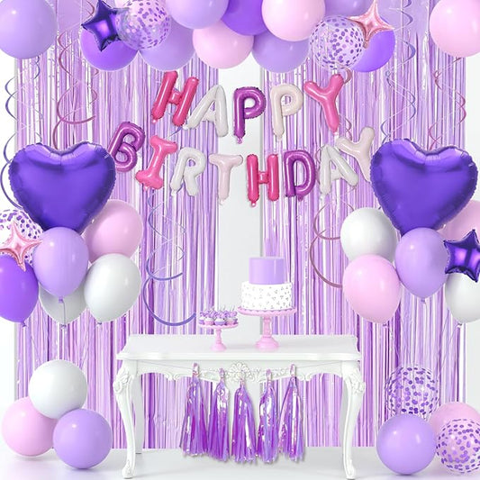 Purple Pink Birthday Decorations Include Pink and Purple Balloons HappyBirthday Banner Fringe Curtain Swirls Tassels Garland for Women Girls Princess Birthday Decoration