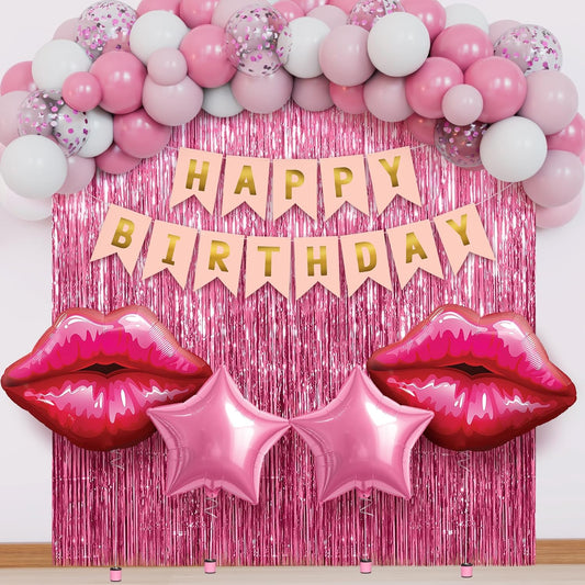 KatchOn, Pink Birthday Decorations Set – Pack of 42 | Happy Birthday Banner & Lip Decor | Happy Birthday Decorations for Women, Girls & Her | Pink Party Decorations