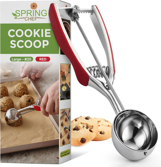 Spring Chef Red Large Stainless Steel Cookie Scoop for Baking - Multifunctional #20 Melon Baller with Trigger Release, 2.93 Tbsp Food Scooper for Ice Cream - Dishwasher Safe Cookie Dough Scoop