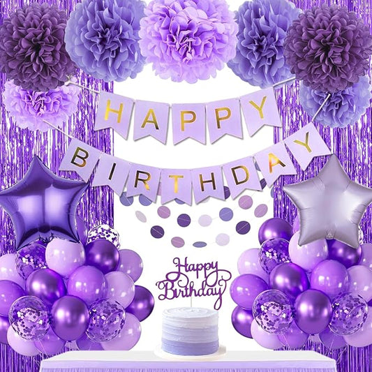 Purple Birthday Decorations, Purple Party Balloons with Happy Birthday Banner Fringe Curtain Paper Pompoms, Circle Garland Decor for Women Men Boys Girls Princess
