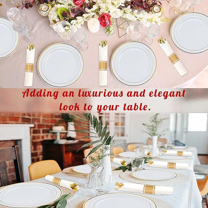 50 Pack Pre Rolled Gold Plastic Silverware Set,Wrapped Plastic Cutlery Set with Napkin Include 50 Forks,50 Spoons,50 Knives and 50 White Napkins for Party,Wedding,Christmas