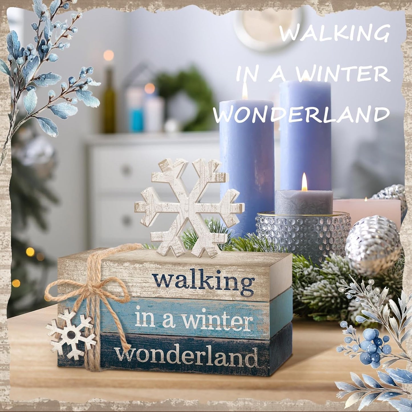 4 Pcs Christmas Table Decorations Winter Snowflake Tiered Tray Decorations Decorative Mini Wooden Books Signs Block Centerpiece for Shelf Office Tabletop Bookshelf Housewarming Gifts