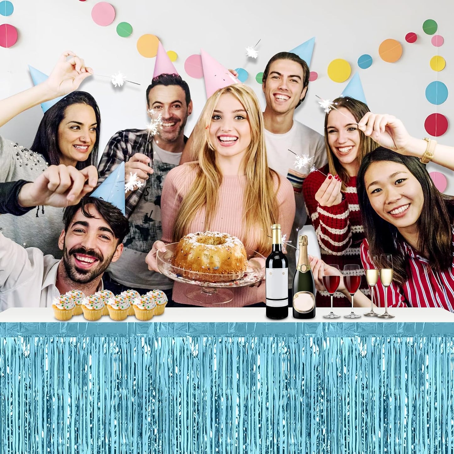 3 Pack 29x108 Inch Light Blue Foil Fringe Table Skirts Metallic Banner for Tinsel Streamer Garland Backdrop for Parade Floats Wedding Thanksgiving Birthday Christmas Halloween Party Decoration