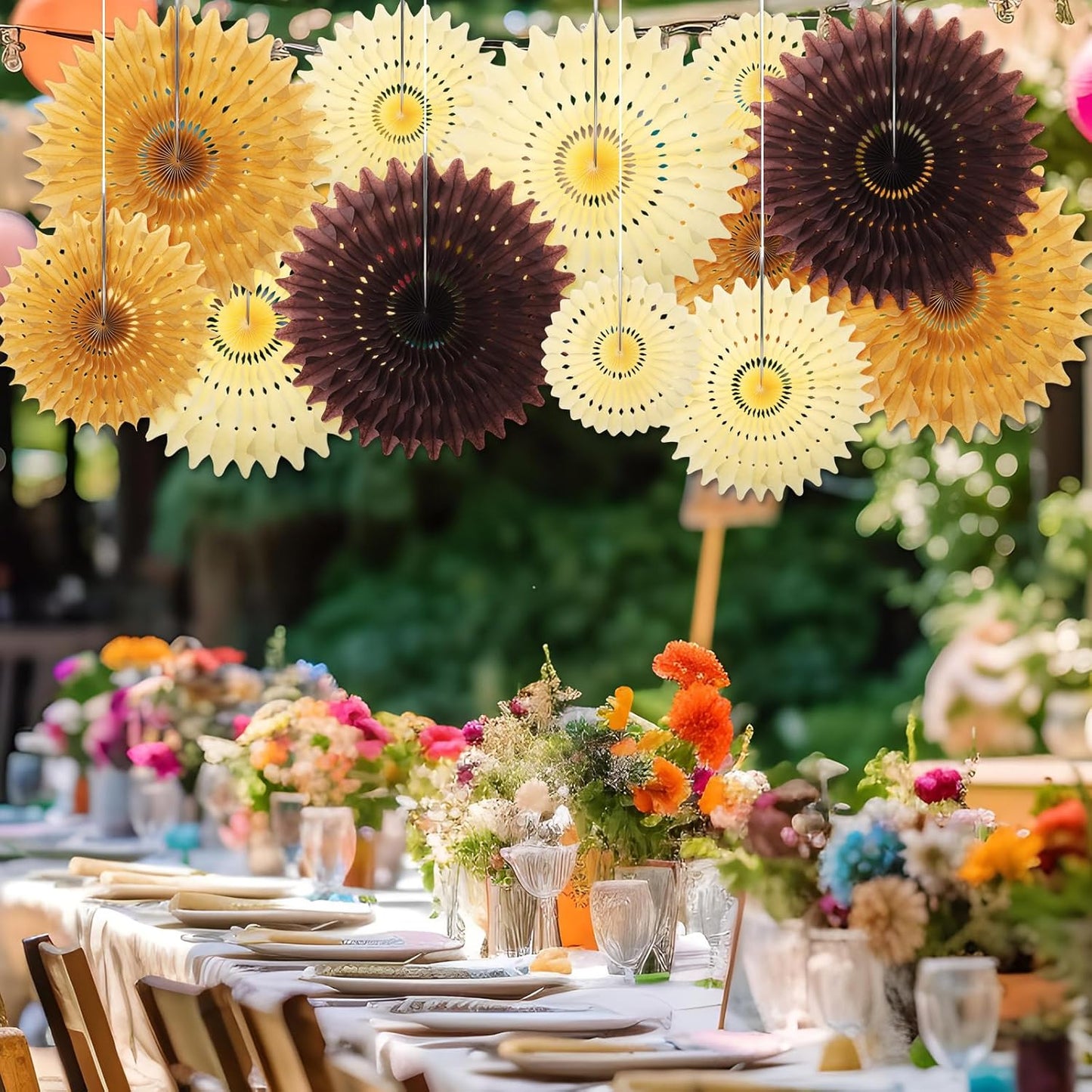 Outus 12 Pcs Hanging Honeycomb Paper Fans Sets, Fiesta Brown and Beige Party Decorations, Tissue Paper Flowers Supplies for Birthday Wall Classroom Wedding Bridal Photo Backdrop (14/8/6 Inch)