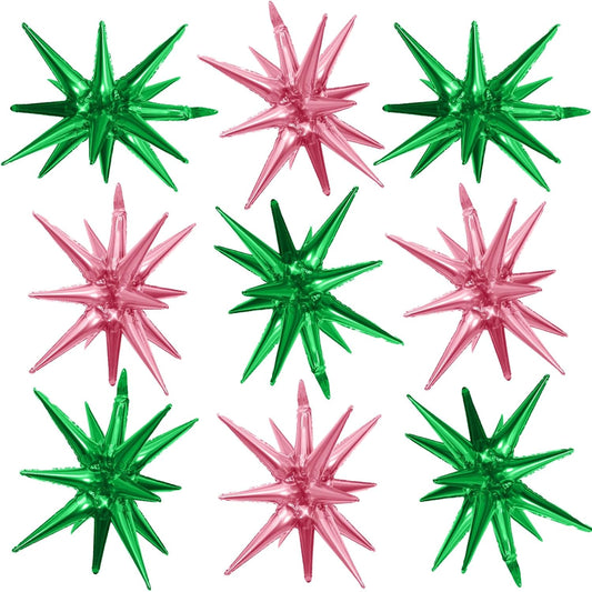 Pink Green Star Balloons,9Pcs 22Inch Pink Green Explosion Spike Cone Helium Polyester Film Star Foil Balloons for Witch Birthday Anniversary Disco Party Decorations
