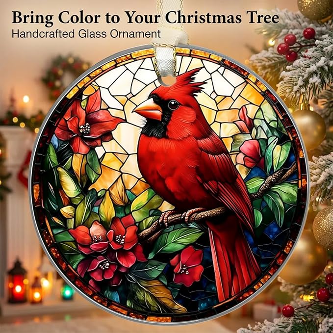 Cardinal Christmas Ornaments 2025, Stained Glass Christmas Tree Decorations, Exchange for Women, Men, Collectible Dated Year Ornaments for Tree - Glass Hanging Ornament