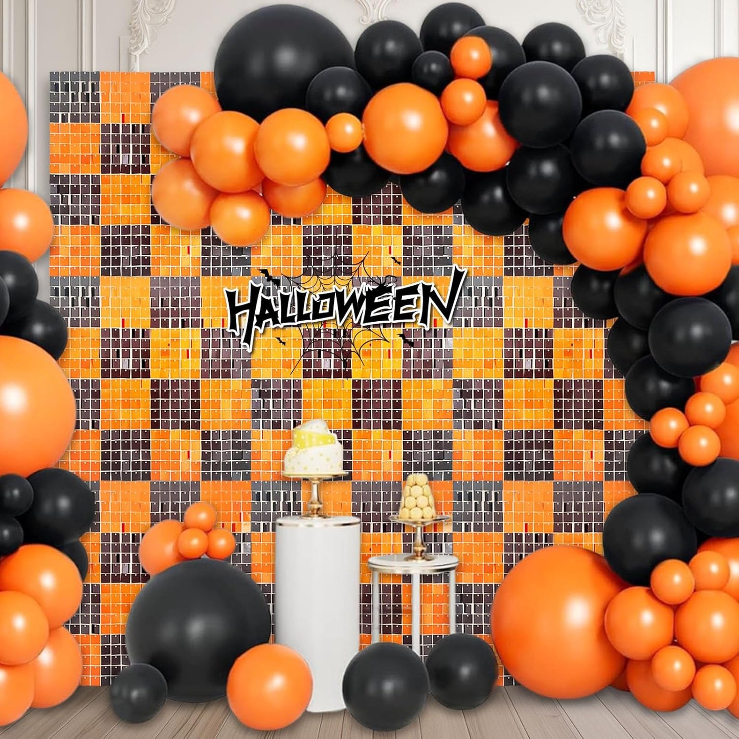 12PCS Black Orange Shimmer Wall Backdrop, Square Sequin Photo Backdrops Panel, Glitter Wall Background for Birthdays, Weddings, Christmas, Engagements, Halloween Party Decor (3FTx4FT)