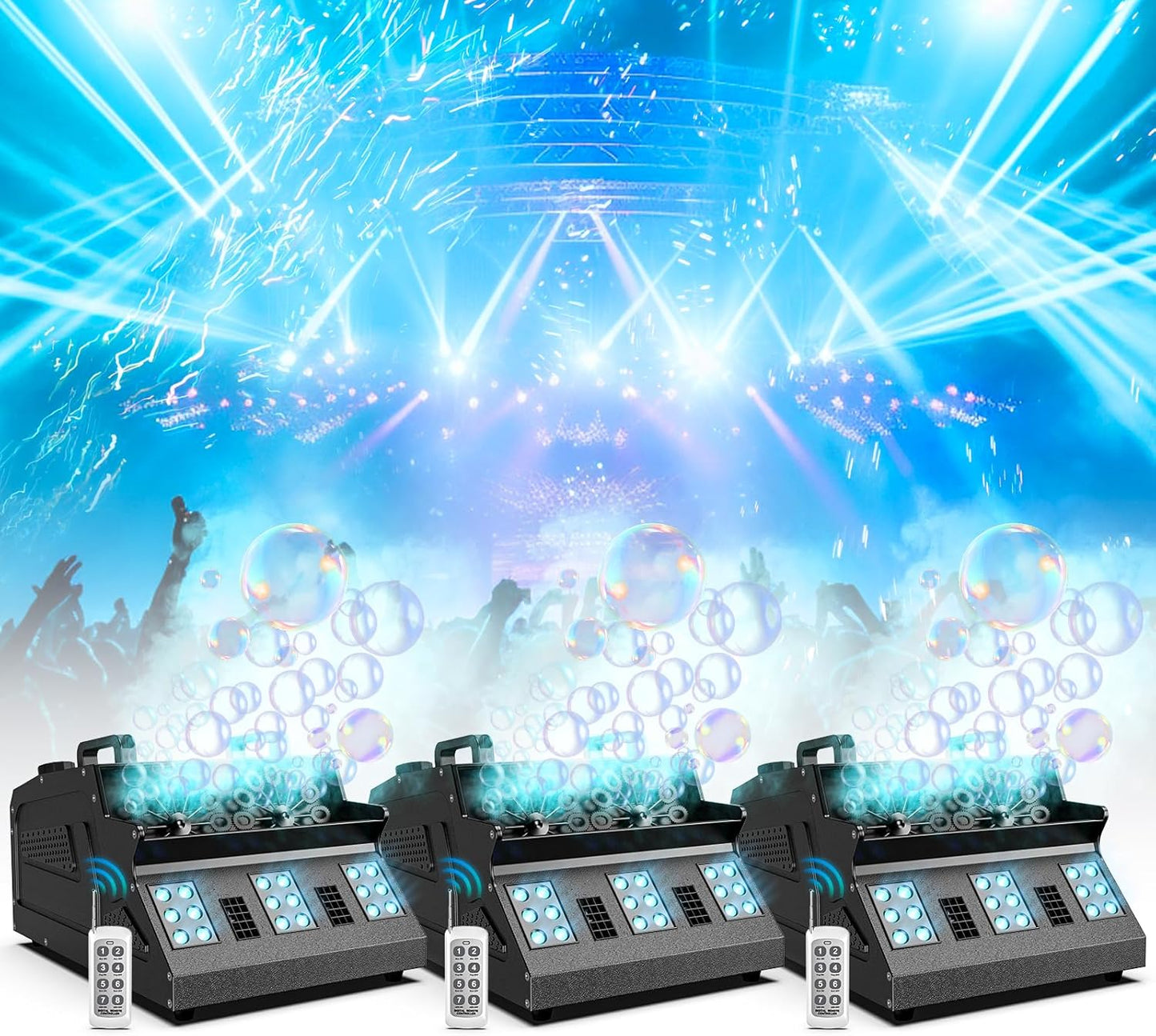 2000W Fog Machine, 3 in 1 Fog Bubble Machine with 2 Bubble Fans, 18 RGB LED Lights Smoke Bubble ALL IN ONE Fog Machine, Bubble Machine for Halloween Christmas Party Wedding, 3 Pack