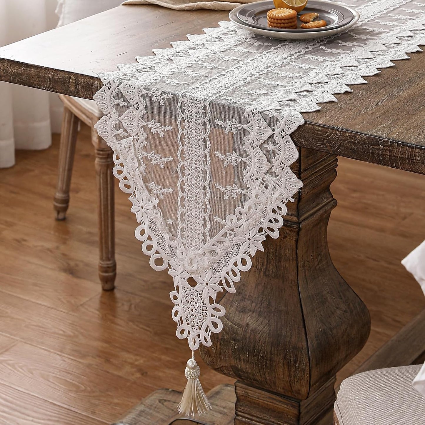 patdrea Designer Vintage White Lace Table Runner,Crochet Decorative Table Covers,Chiffon Embroidered Tasseled Table Runners, Cutwork Dresser Runners,Christmas Wedding Party Bridal 16x63 Inches Long