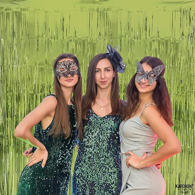 KatchOn, XtraLarge Sage Green Foil Fringe Curtain - 3.2x8 Ft, Pack of 2 | Sage Green Backdrop for Wild One Birthday Decorations | Streamer Backdrops for Jungle, Safari, Dinosaur Party Decorations