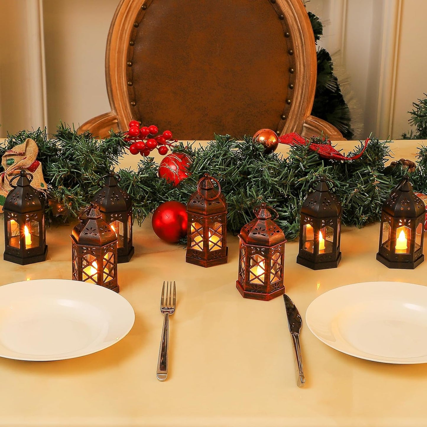 LLQ 8Pack Mini Lantern Decorative for Halloween Christmas & Wedding, Small Vintage Moroccan Lantern with Flickering LED Candle for Table Centerpieces, Enchanted Forest Medieval Decor, Hanging Ornament