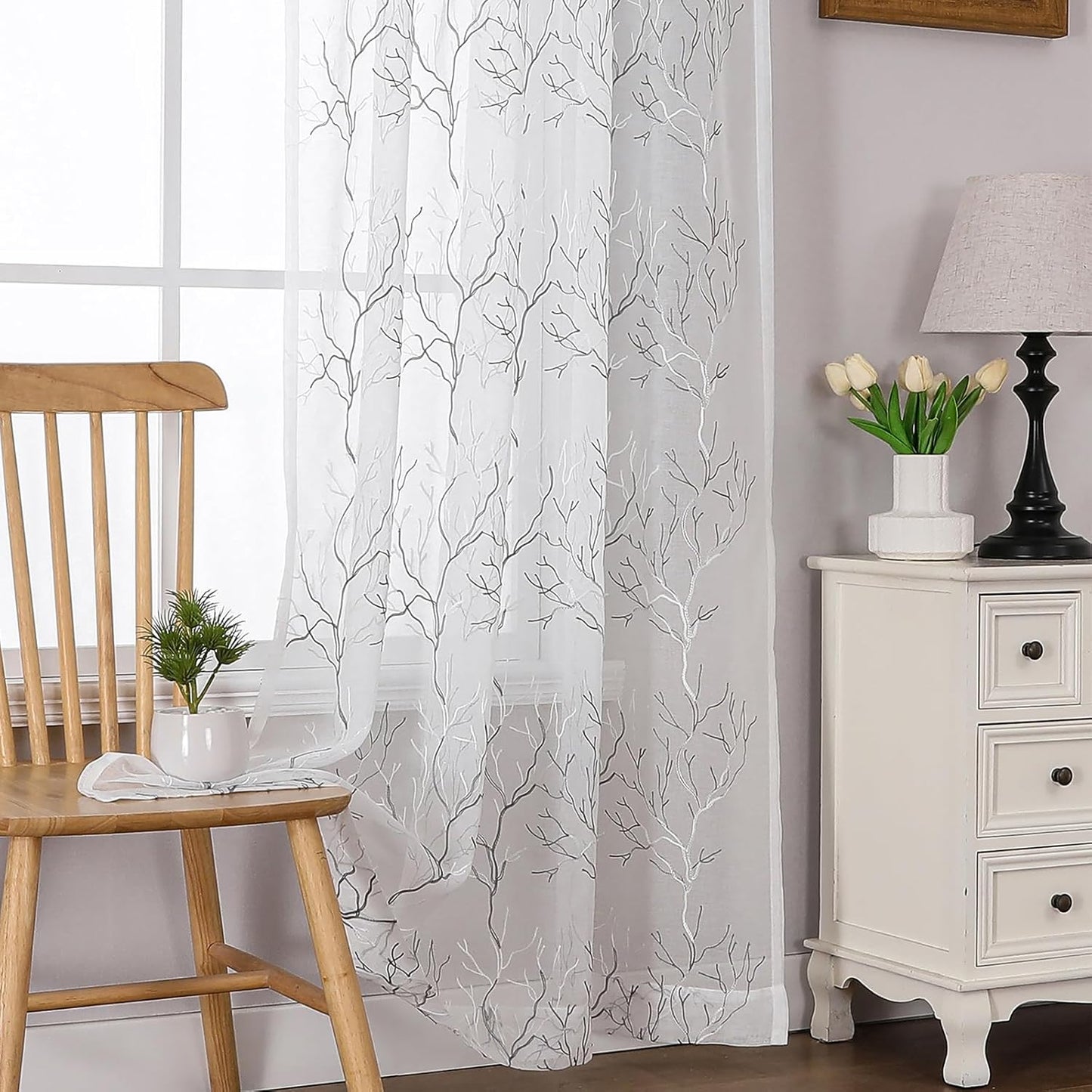 VISIONTEX Sheer Curtains 63 inch Length 2 Panels Set, Decorative Grey Coral Embroidery, Rod Pocket Embroidered Window Drapes for Living Room and Bedroom, 54" x 63"