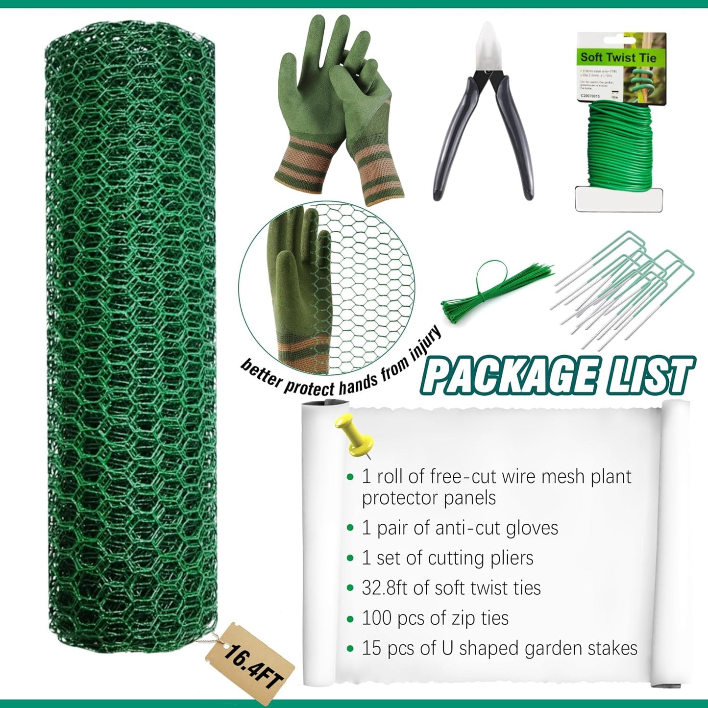 16.4Ft x16In Chicken Wire for Floral Arrangements - Free-Cut Green Metal Mesh with Hexagonal Galvanized PVC Coated Netting Guard Fence for Poultry, Garden, Plant
