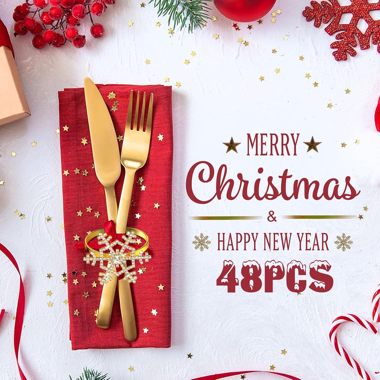 Patelai 48 Pieces Snowflake Napkin Rings Thanksgiving Christmas Napkin Holders Exquisite Household Rhinestone Napkin Rings Set for Christmas Wedding Dinner Party Table Decoration (Gold)