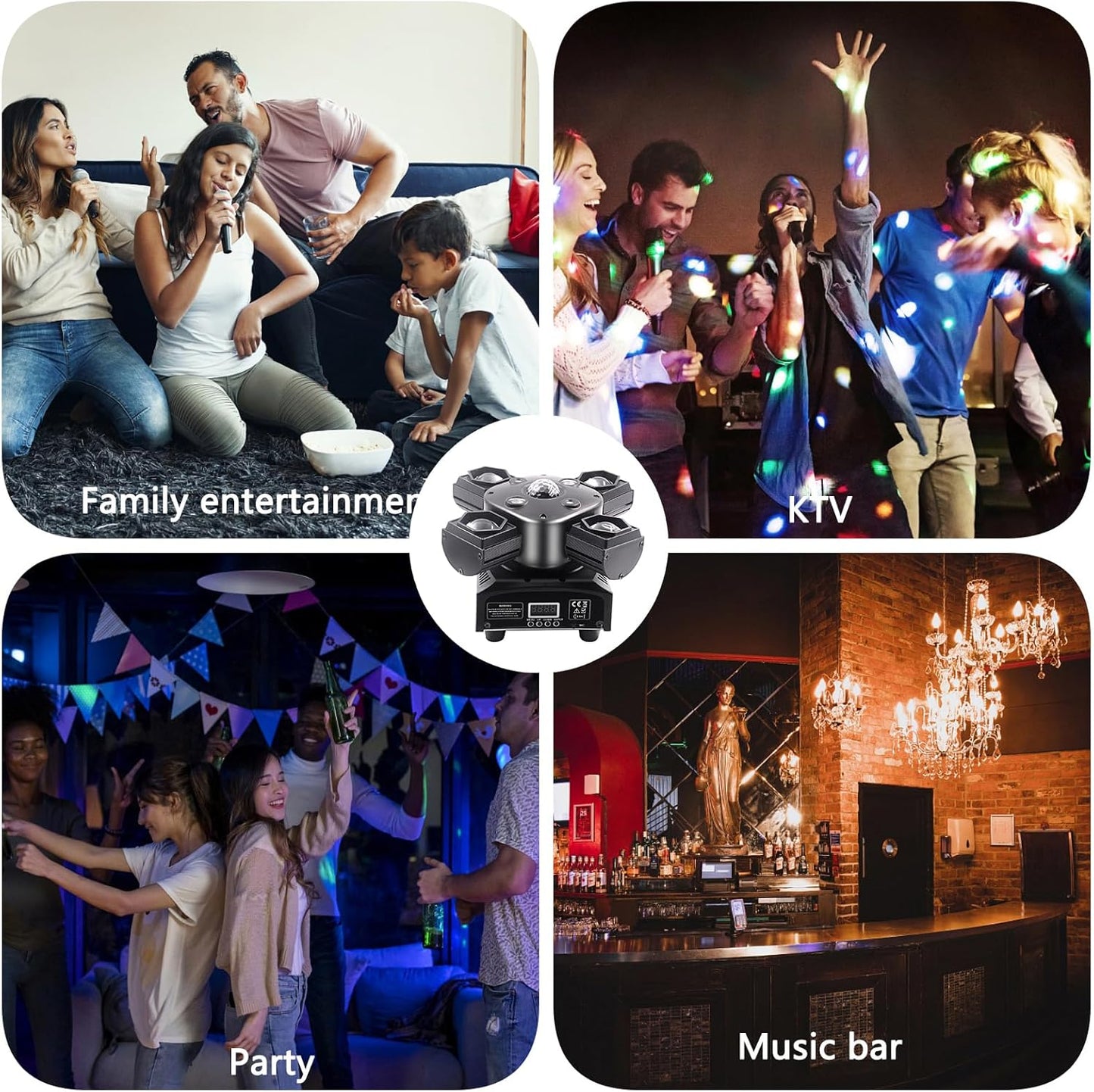 Professional DJ Lights 4-in-1 Moving Head with Red Green Laser & Golden Effects – DMX512/Sound-Activated Control, Auto Modes for Stage, Club, Party Lighting