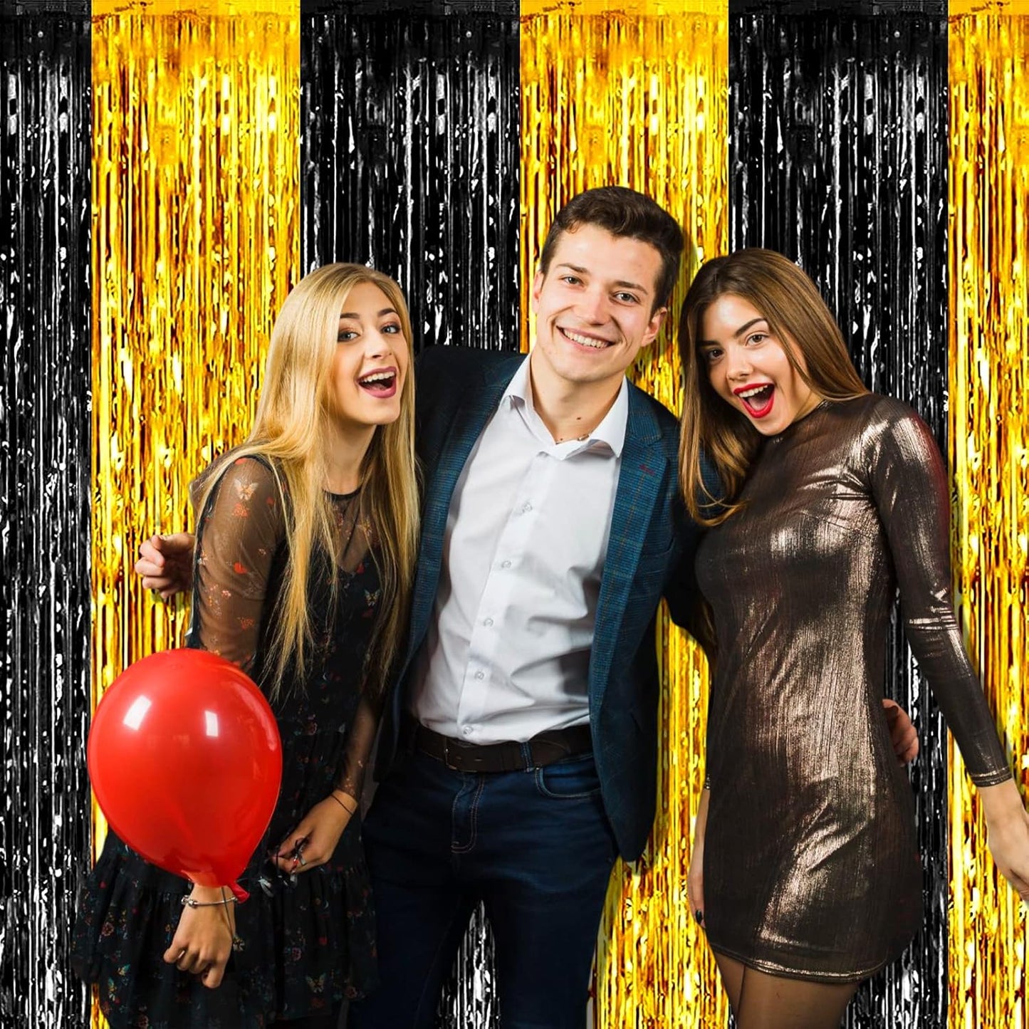 4 Pack Black Gold Foil Fringe Curtain Backdrop, 3.28Ft x 8.2Ft Metallic Tinsel Foil Fringe Streamers Curtains for Photo Booth, Wedding, Graduation, Birthday, Carnival Party Decoration