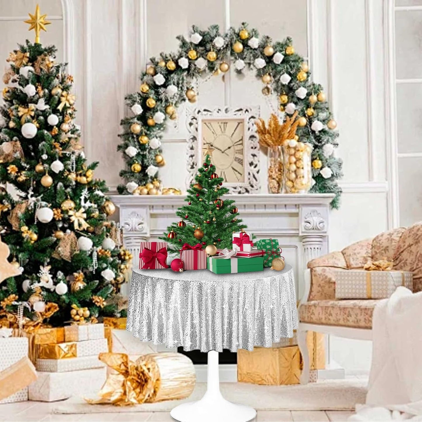 6 Pcs Silver Sequin Tablecloth 50Inch Silver Round Tablecloth Overlay Round Table Cloth Silvers Glitter Tablecloth Round Sparkly Drape Tables Cloth for Wedding Party Cake Holiday Banquet