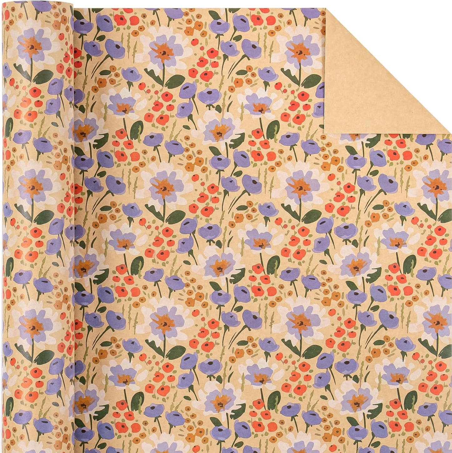 WRAPAHOLIC Kraft Floral Wrapping Paper Roll - Mini Roll - 17 Inch x 9.8 Feet - Watercolor Flower Wrapping Paper, Perfect for Wedding, Birthday, Bridal Shower, Tea Party