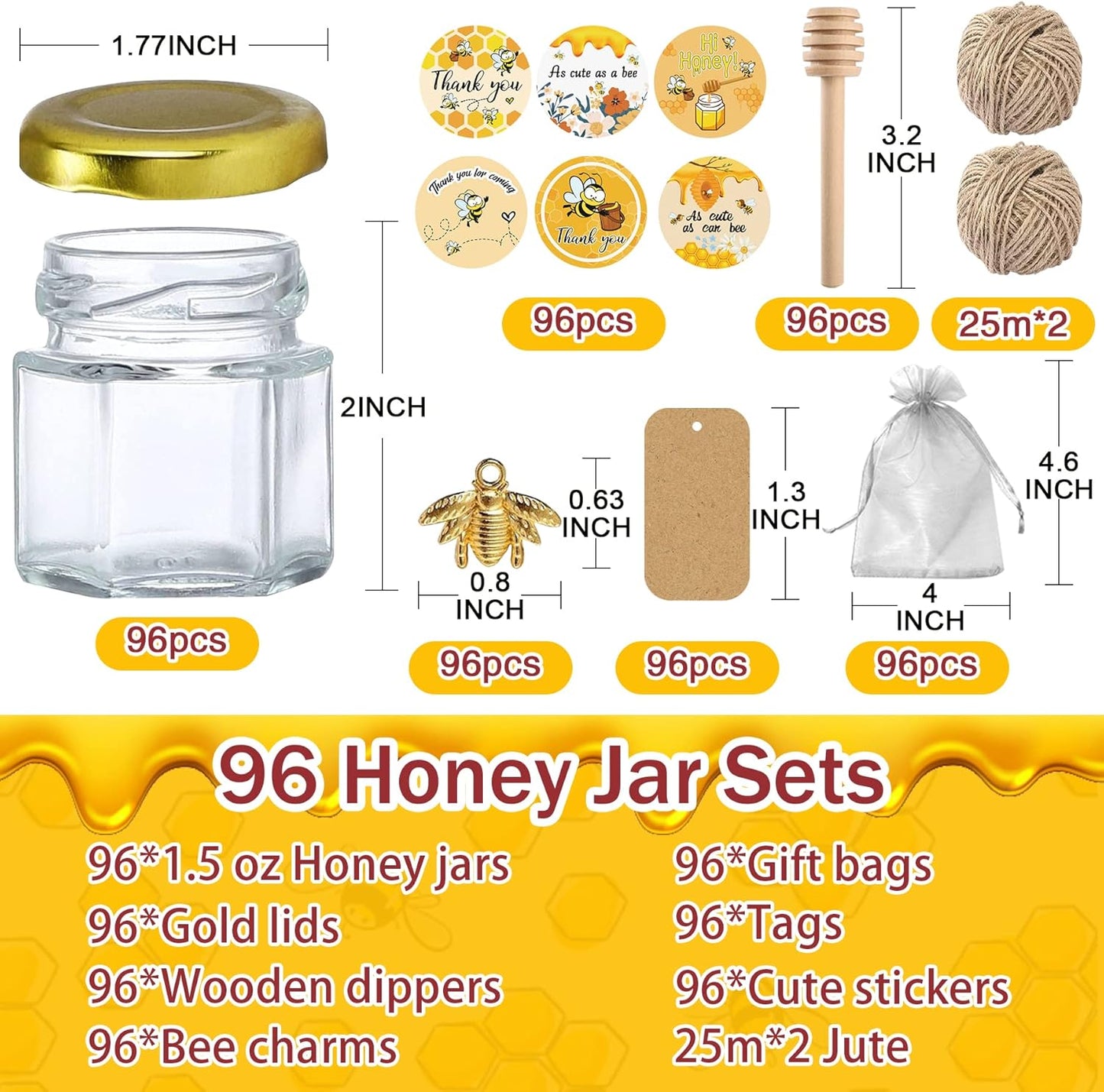 Aliggbent 96 Pack Mini Honey Jars Party Favors in Bulk, 1.5 oz Small Hexagon Glass Honey Jars with Dippers, Lids, Cute Stickers, Bee Charms, Gift Bags and Jute for Baby Showers, Weddings & Birthdays