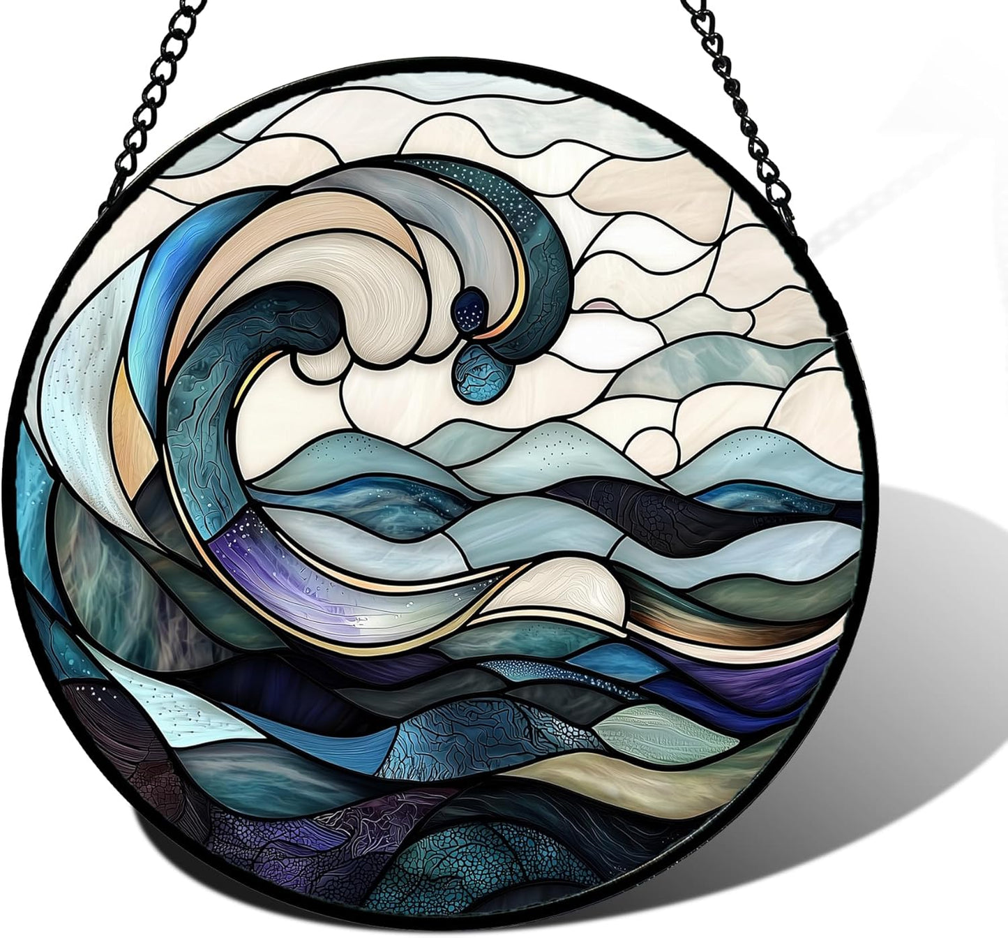 Stained Glass Window Hanging, Ocean Waves Sun Catchers Diamond Glass Panel Hangings Abstract Suncatcher Decor for Birthday for Women, Men, Wife, Aunt, and Mom 9.8 in
