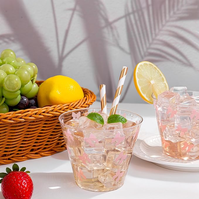 I00000 100 Pcs 9 oz Clear Plastic Cups with Pink Bow, Clear Disposable Cups Wine Glasses Cocktail Glasses Premium Cup Perfect for Wedding, Birthday & Party