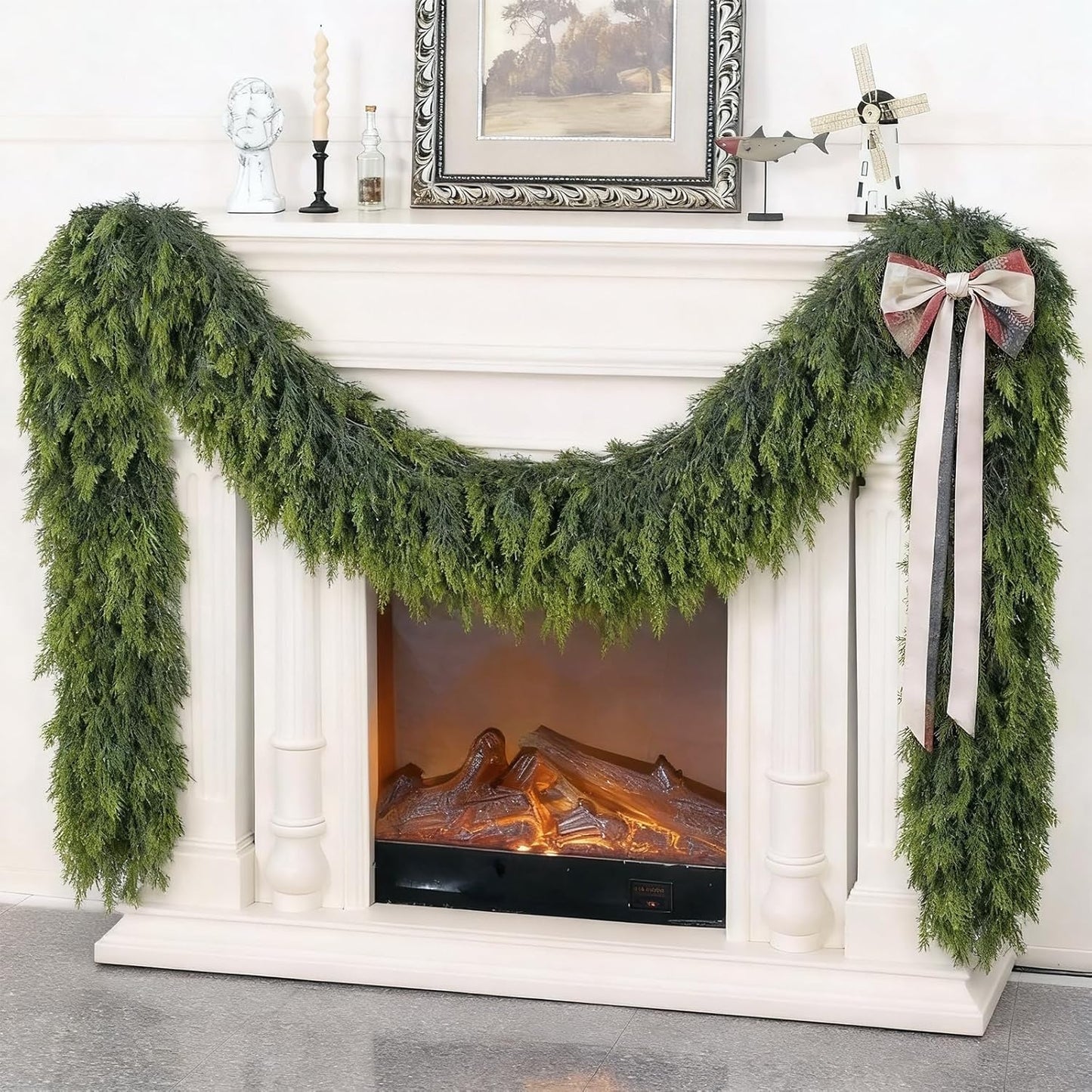 5FT Real Touch Cedar Garland - Artificial Christmas Garland Fake Green Faux Thick and Lush Pine Needles Garlands for Table Fireplace Mantle Holiday Home Indoor Outdoor Decor (2PCS)