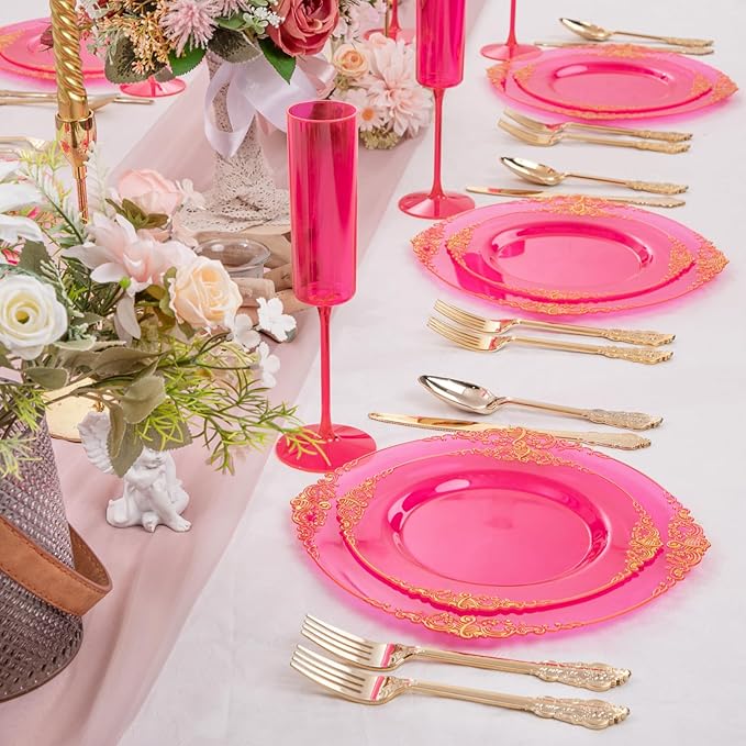 125PCS Hot Pink Plastic Plates - Clear Pink Gold Disposable Plates - Hot Pink Party Plate with Gold Plastic Silverware Set for 25 Guests for Wedding Party Birthday Valentine's Day