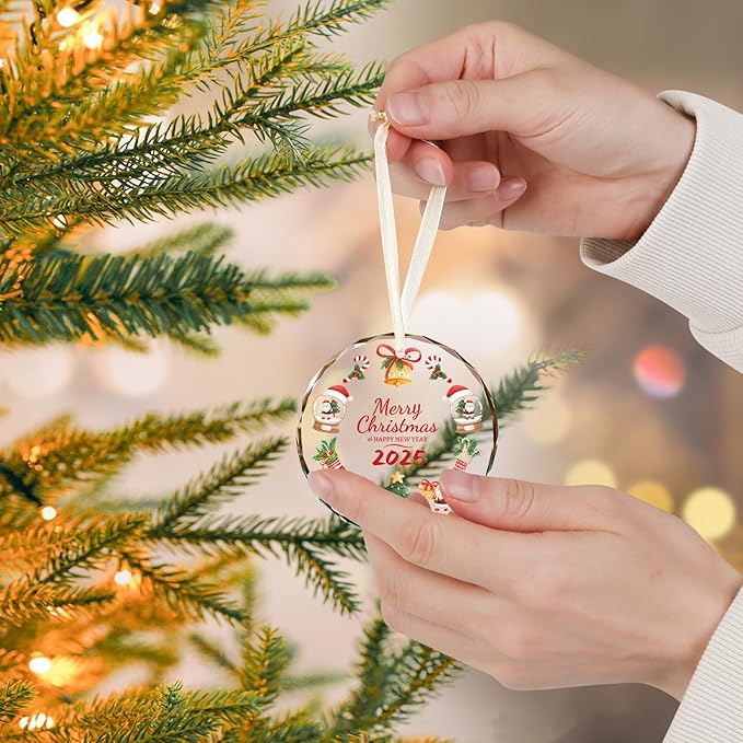 Merry Christmas Christmas Ornaments, 2025 Glass Christmas Ornament, 3 Inch Crystal Round Tree Decoration with Gift Box, Holiday Keepsake Gift for Family & Friends