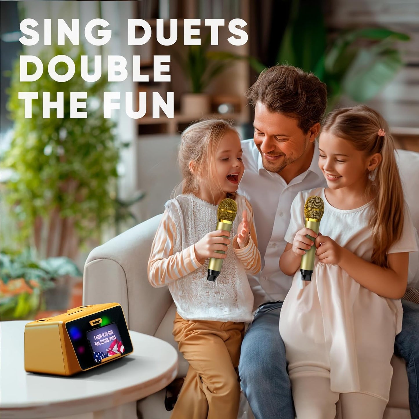 MASINGO Karaoke Machine for Adults and Kids with 2 Wireless Microphones, Portable Bluetooth Singing Speaker, Colorful LED Lights, PA System, Lyrics Display Phone Holder, and TV Cable. Presto G2 Gold