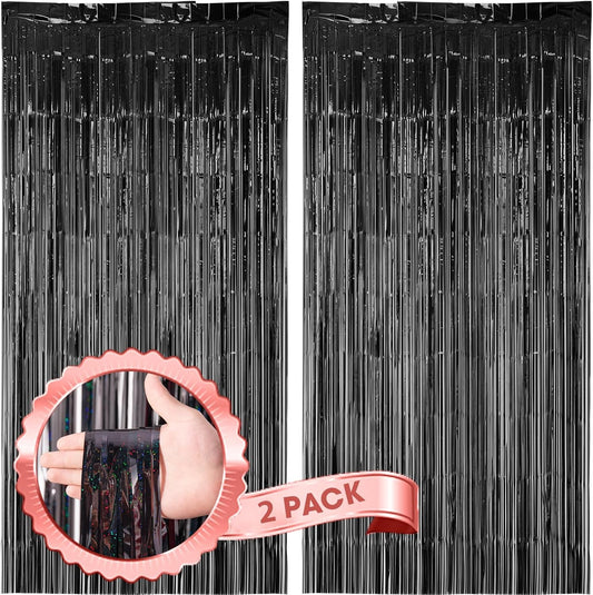 2 Pack Laser Black Foil Fringe Backdrop Curtains, Tinsel Streamers Birthday Party Decorations, Fringe Backdrop for Graduation, Baby Shower, Gender Reveal, Disco Party