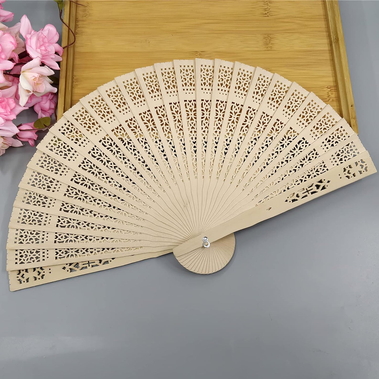 FEPITO 50 Pieces Wooden Handheld Paper Fan Wooden Folding Fans with Bamboos for Wedding Gift, Party, Home