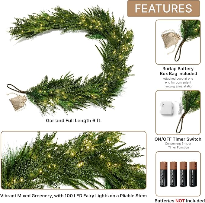 LampLust Mantle Garland with Lights Battery Operated, 6 Ft Realistic Norfolk Pine Greenery Garland for Mantle All Year Round, 100 LED Lights with Timer, Table Top Decor for Dining Table