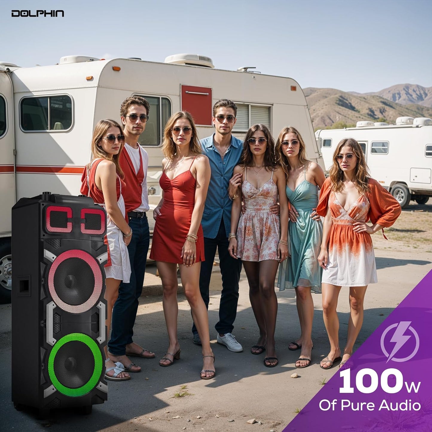 Dolphin High-Power Portable Party Bluetooth Speaker – Wooden Cabinet, X-BASS, LED Lights, Wireless Microphone – Ideal for Parties, Tailgating, and Events