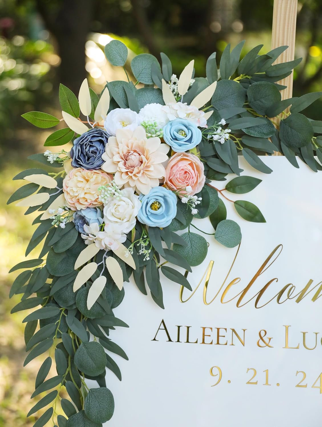 Artificial Blush Pink Wedding Arch Flower Swags Set of 2 for Wedding Welcome Signs and Ceremony Decorations, Blue Flowers