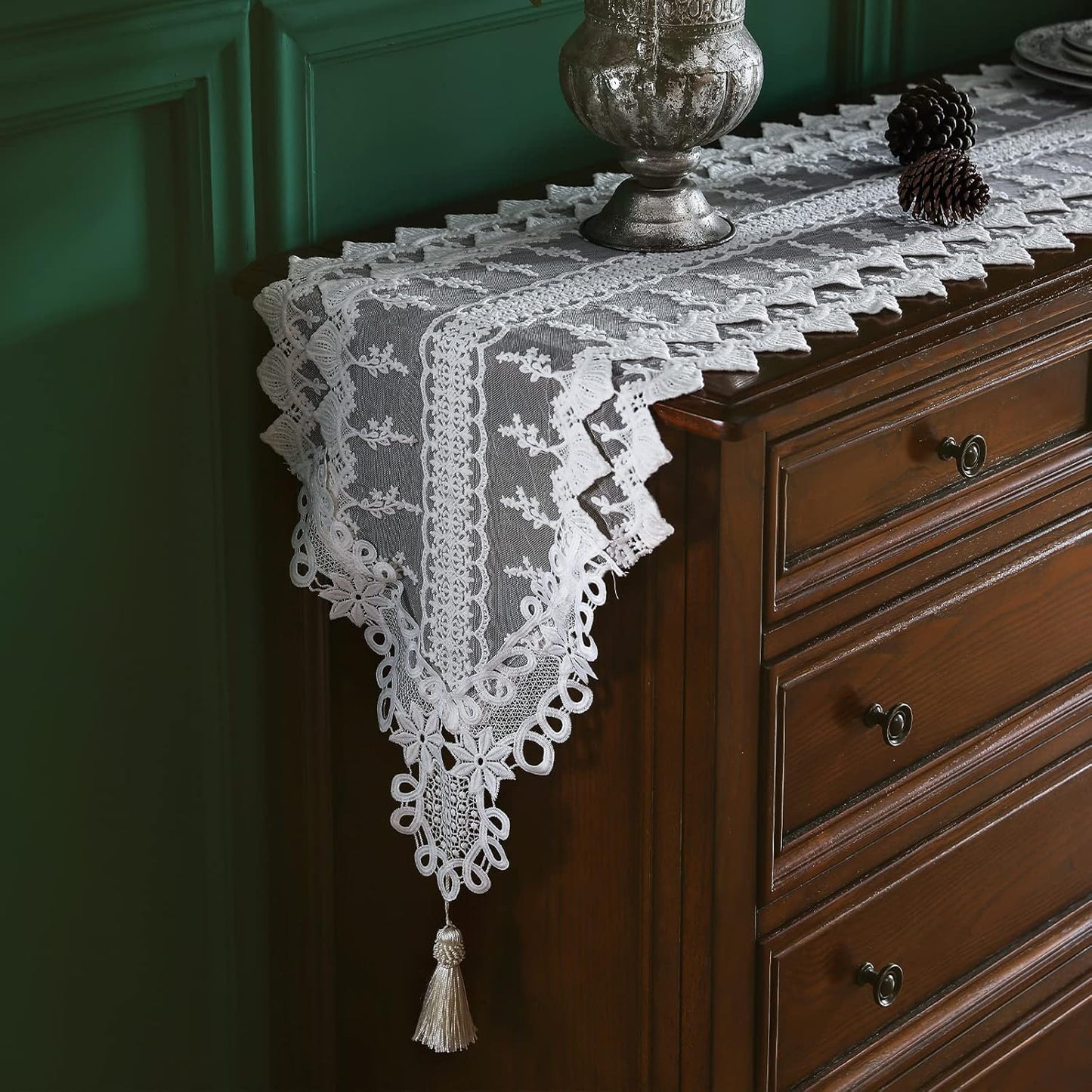 patdrea Designer Vintage White Lace Table Runner,Crochet Decorative Table Covers,Chiffon Embroidered Tasseled Table Runners, Cutwork Dresser Runners,Christmas Wedding Party Bridal 16x63 Inches Long