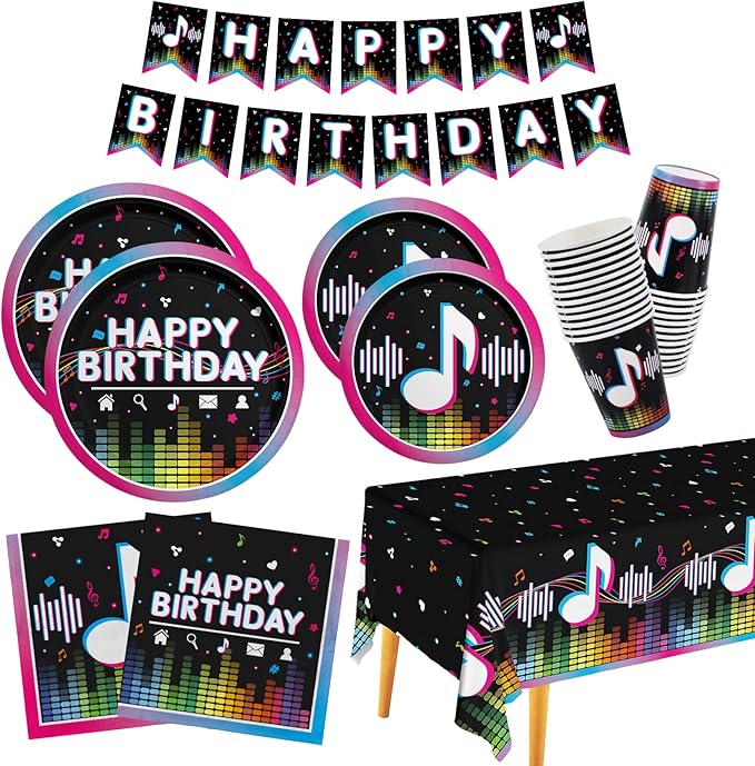 Music Party Supplies Disposable Paper Plates Napkins Cups Tablecloth and Banner for Girls Boys Music Party Birthday Decorations, Serve 25.