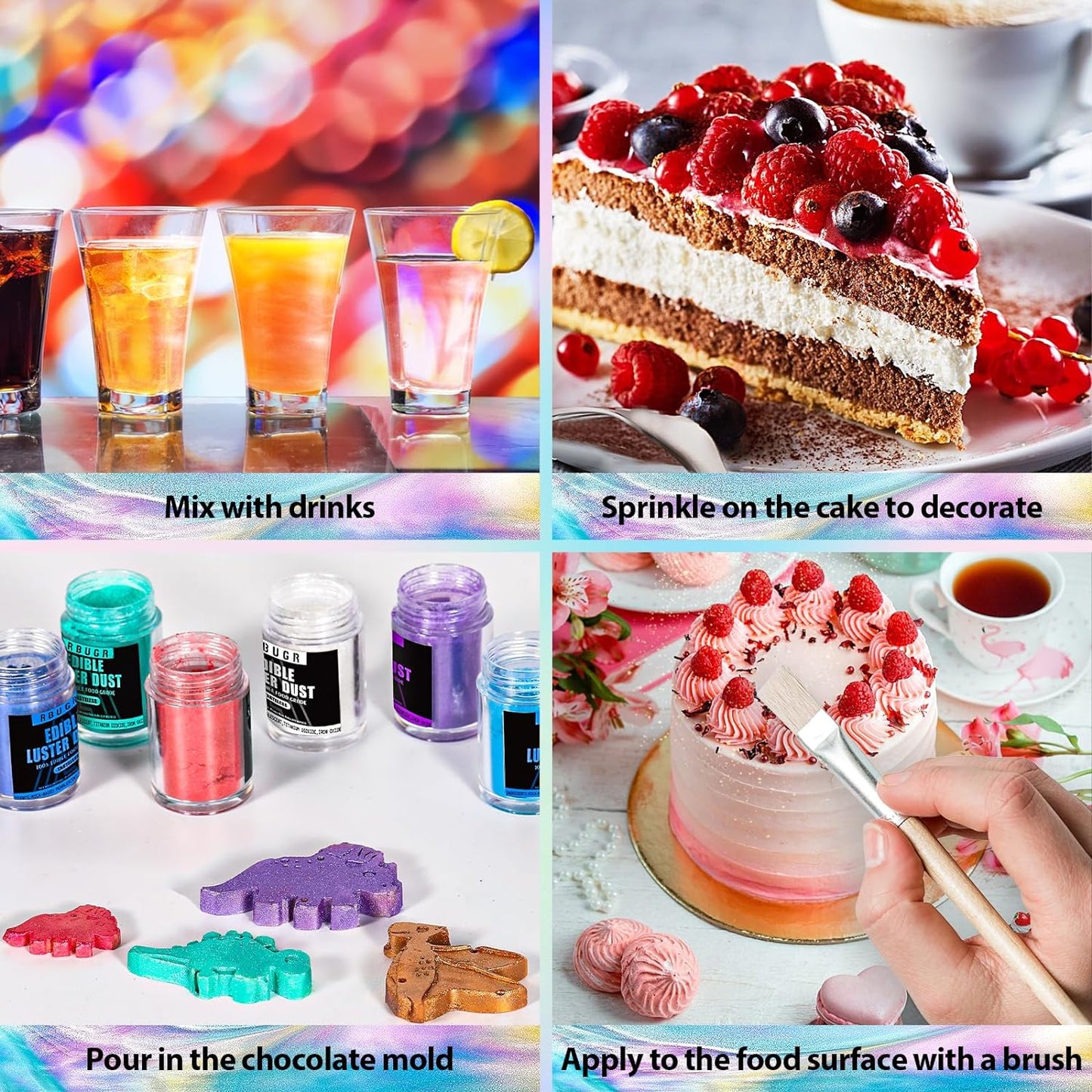 RBUGR Luster Dust Edible, 12 Colors Edible Glitter Pack, Cocktail Food Glitter Edible Dust, Vegan Edible Shimmer, Drink Powder for Cakes Cookies Chocolates Baking（4g/0.14oz）