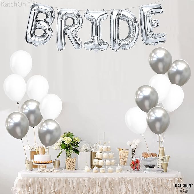 KatchOn, 27pcs Silver Bride Balloons Set - 16 Inch | Silver & White, for Bachelorette Party Decorations | Bridle Shower | Bride and Latex Balloons | bride Balloon Bachelorette