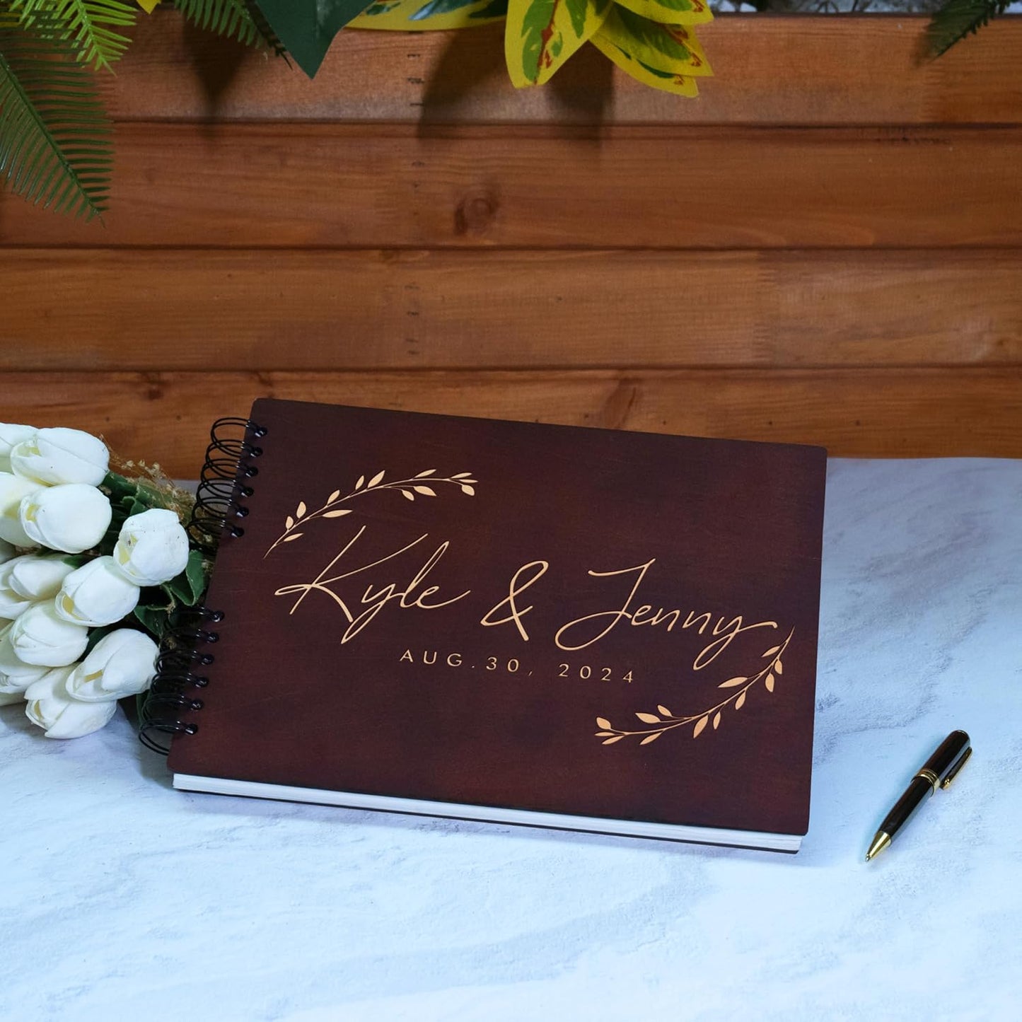 Personalized Wood Wedding Guest Book - 5 Colors/Finishings, 2 Sizes, 12 Designs - Wood Wedding Decorations, Guest Book Signs for Wedding Reception (DESIGN 3)