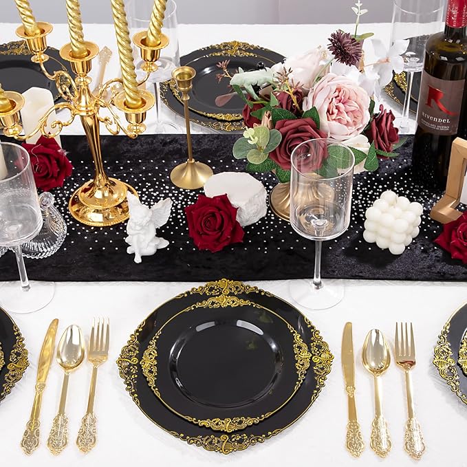 125PCS Black and Gold Plastic Plates - Black Disposable Dinnerware Set - Vintage Plastic Plates with Gold Silverware for 25 Guests for Wedding Party
