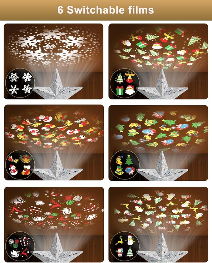 Christmas Tree Topper Star Lighted with Colorful Christmas Light Cord, Built-in 6 Projected Patterns, 3D Glitter LED Rotating Lights for Party Holiday Xmas Decorations Gifts (Silver)