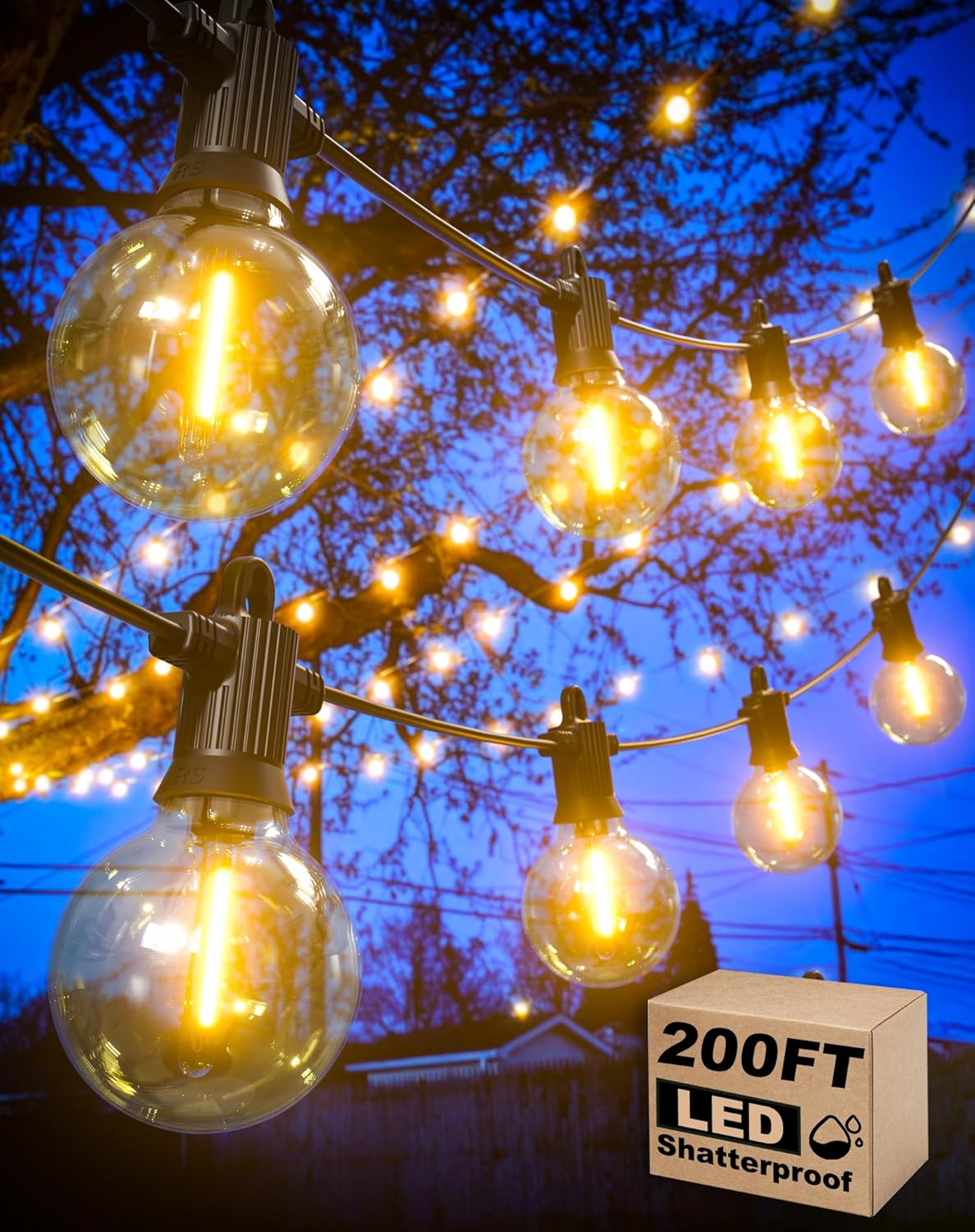 Outdoor String Lights, 200FT Patio Lights with 100 Shatterproof G40 Globe Bulbs(4 Spare), Waterproof Connectable Dimmable LED Hanging String Lights for Outside Backyard Porch Balcony (100FT x 2)