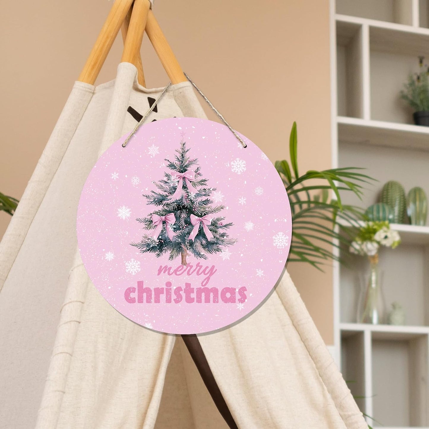 CGBHW Pink Christmas Wooden Sign, Coquette Aesthetic Christmas Tree Xmas Bows Hanging Sign Wall Decor for Girls Room Home, Winter Holiday Snowflake Door Decor 12 x 6 Inch